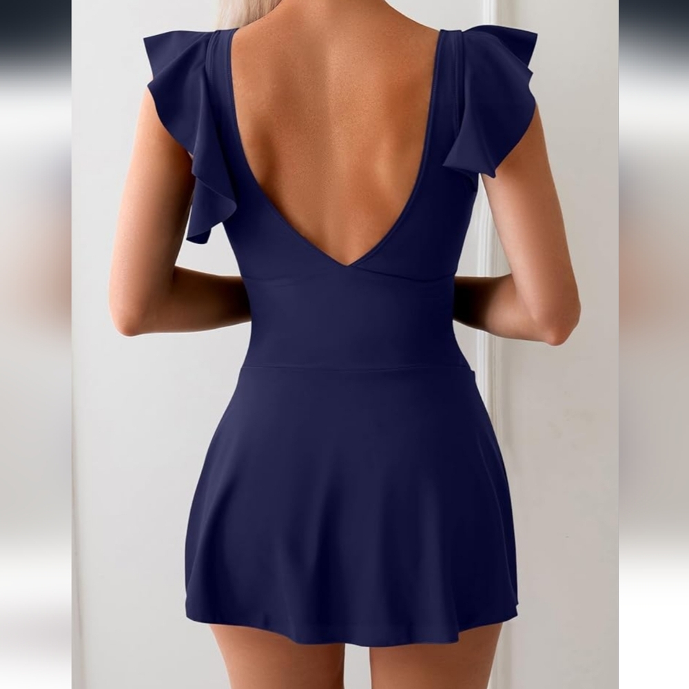 Elegant Navy Blue Ruffle Swimsuit - Picture 4 of 6